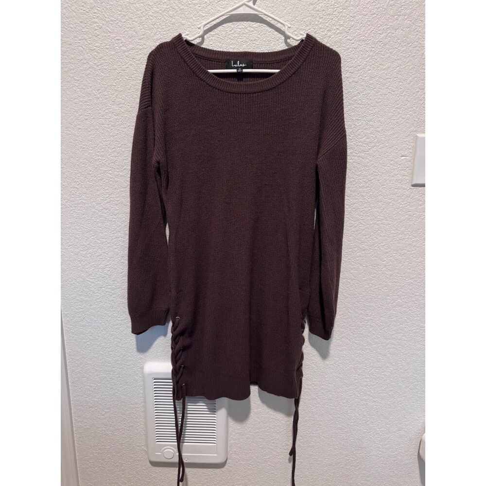 Lulus Lalianna Dusty Purple Balloon Sleeve Lace-Up Sweater Dress Size M